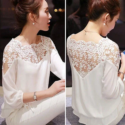 2019 New Sexy Fashion Women Hollow Out Lace Chiffon Blouse Casual Ladies Elegant Lace Shirt Comfortable Short Sleeve Blouse