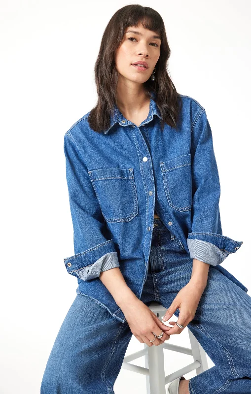 ALESTA DENIM SHIRT IN DARK CLASSIC BLUE Casual Ruffle Short Shirt