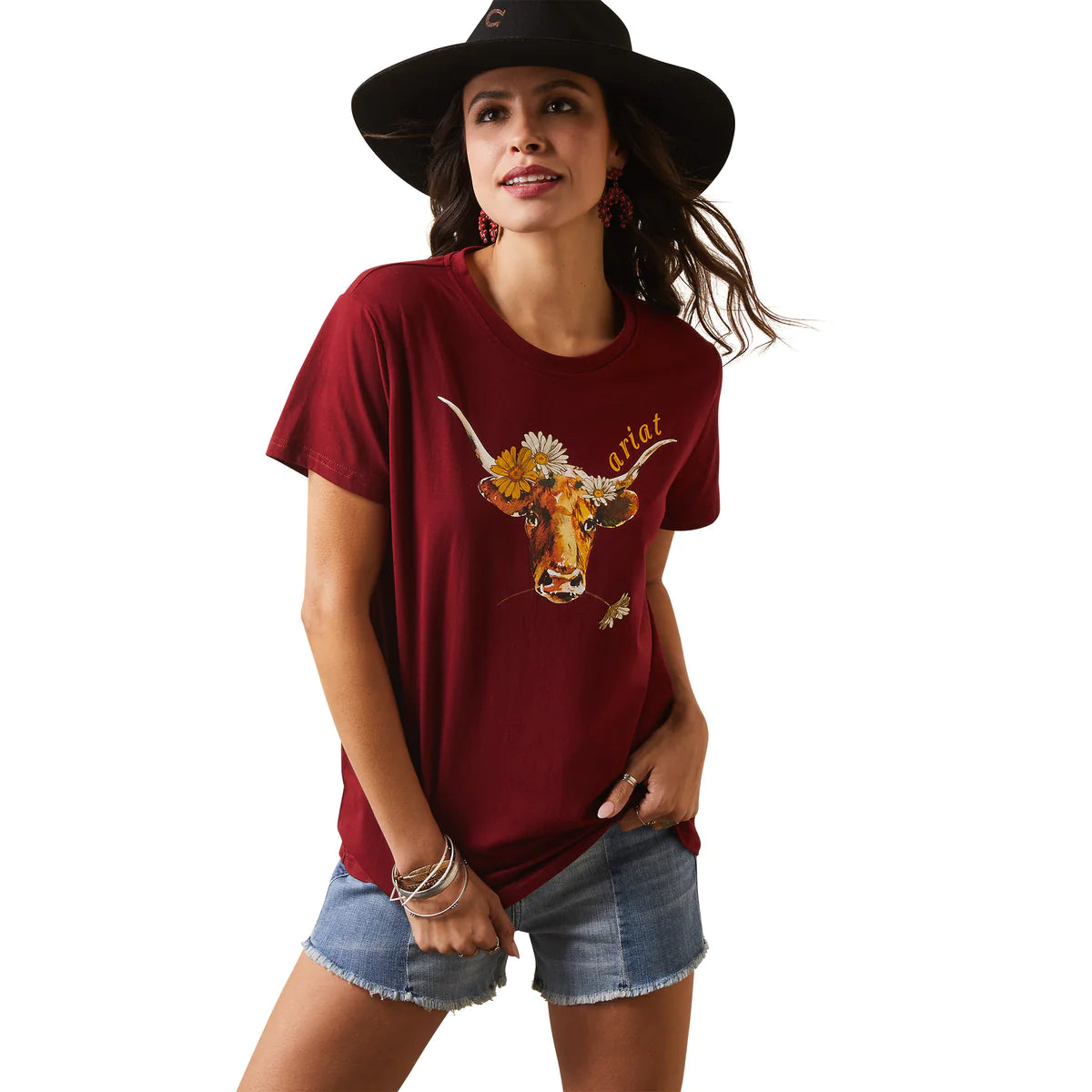 Ariat Real Daisy Steer Tee Shirt - POMEGRANATE Soft Cotton Short Tee