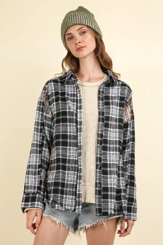 Contrast Plaid Raw Detail Shirt - Casual Oversized Fit Black Fashionable Button-Front Short Sleeve