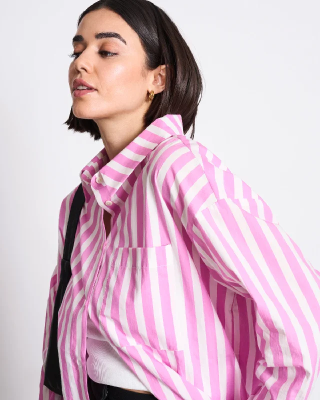 OVERSIZED SHIRT MAMRO HOT PINK STRIPED Elegant Off-Shoulder Short Shirt