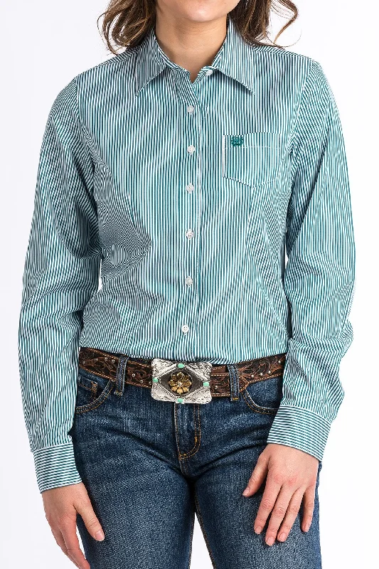 Cinch Ladies Teal and White Button Up L/S Shirt - MSW9164088 - On Sale Comfortable Short Sleeve Tee