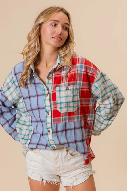 Color Block Plaid Button Down Shirt Relaxed Fit Short Tunic