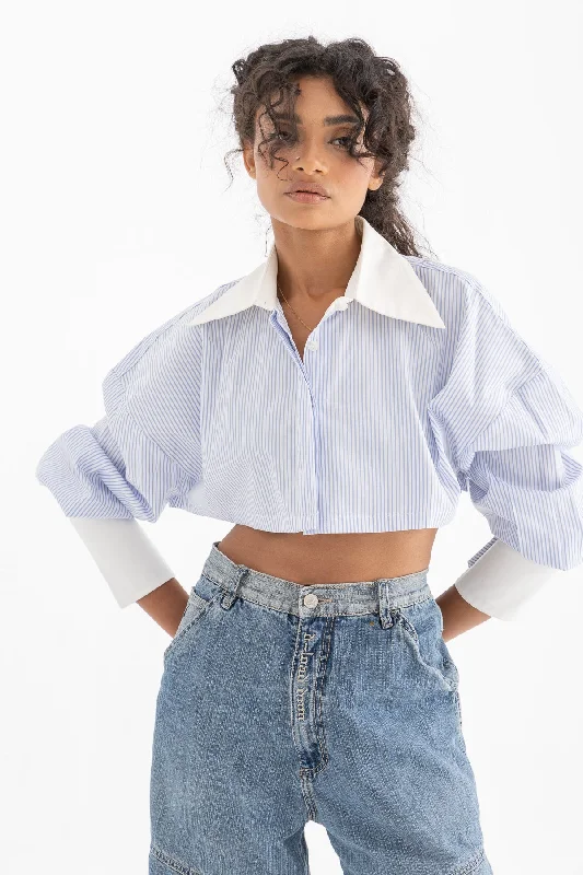 Cropped Striped Shirt - Add On Classic Denim Short Sleeve