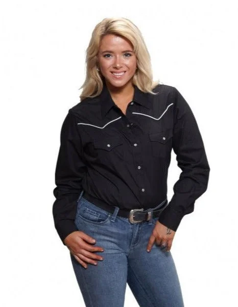 Cumberland Outfitters Ladies Black W/ White Piping Snap Shirt Comfortable Fit Short Shirt