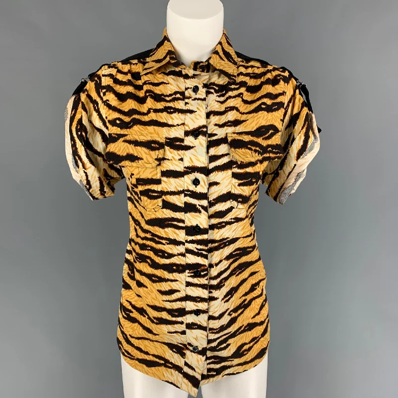 D&G by DOLCE & GABBANA Size 4 Tan Black Cotton Tiger Short Sleeve Shirt Cozy Linen Short Shirt