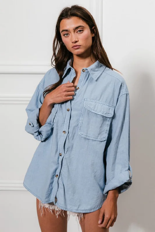 Denim Button Down Stitch Detail Shirt with Chest Pockets Cozy Striped Short Sleeve