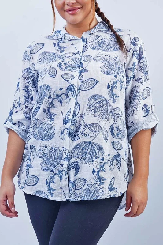 Flower Print Button Up Cotton Shirt Trendy Summer Short Sleeve