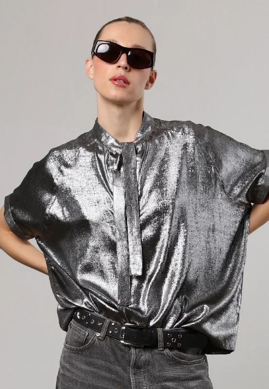 FOLD SHIRT SILVER FOIL Trendy Turtleneck Short Shirt