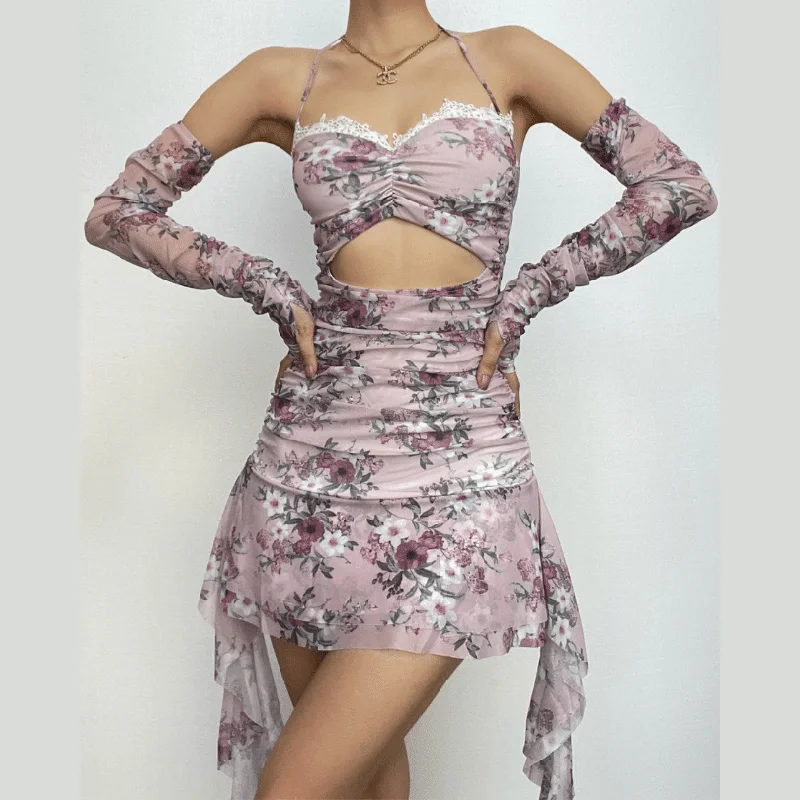 Halter hollow out lace hem flower print gloves cut out mini dress Modern Satin Mini Dress Halter hollow out lace hem flower print gloves cut out mini dress Modern Satin Mini Dress