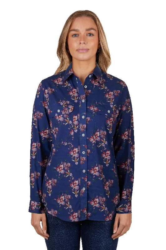 Hard Slog Ladies Belle Full Placket L/S Shirt - Navy - H4S2149042 Classic V-Neck Short Shirt