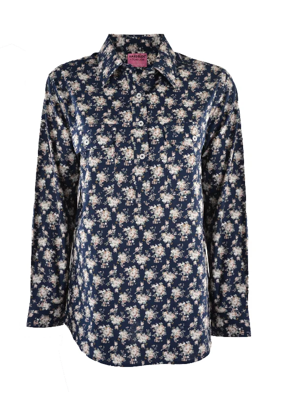 Hard Slog Ladies Print Half Placket L/S Shirt - Navy - H1S2101036 Trendy Floral Short Sleeve