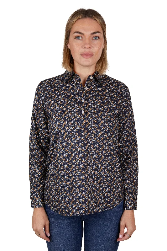 Hard Slog Ladies Sharon Half Placket L/S Shirt - Navy/Tan - H4W2101203 Elegant Lace-Trimmed Short Shirt