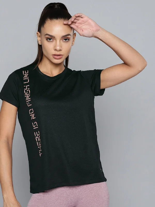 HRX By Hrithik Roshan Running Women Jet Black Rapid-Dry Typography Tshirts Casual Loose Short Sleeve