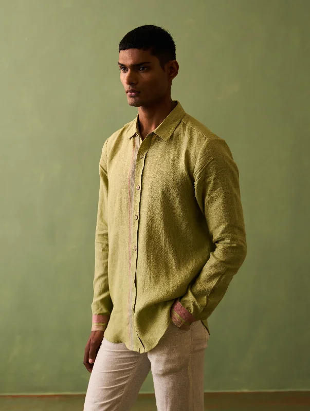 Jiro Border Linen Shirt - Fern Comfortable Stretch Short Shirt