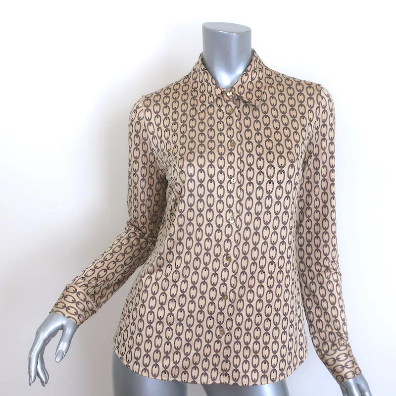 L'Agence Harmony Chain Print Shirt Beige Satin Size Small Long Sleeve Top Elegant Lace-Trimmed Short Shirt