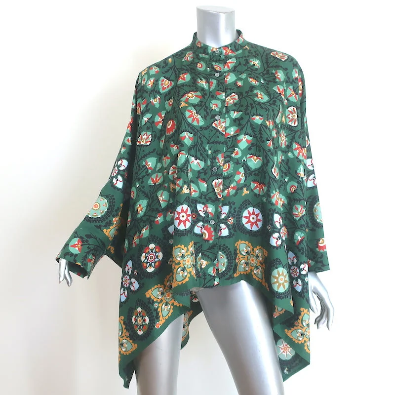 La DoubleJ Foulard Shirt Green Printed Silk Twill Size Small Oversize Blouse Cozy Printed Short Shirt