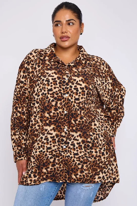 Leopard Print Collar High Low Hem Shirt Comfortable Pocket Short Shirt