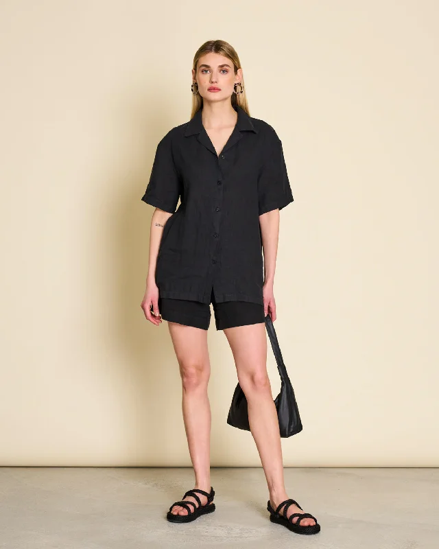 LINEN SHIRT GENT BLACK Modern Short Sleeve Top