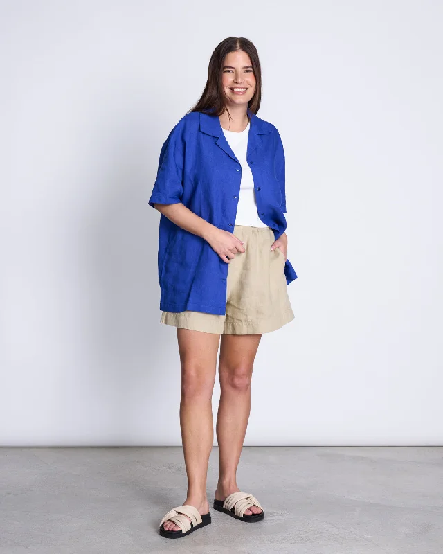 LINEN SHIRT GENT BLUE Trendy Button-Front Short Sleeve