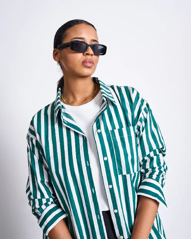 OVERSIZED SHIRT MAMRO BOTTLE GREEN STRIPED Fashionable Rounded Short Shirt