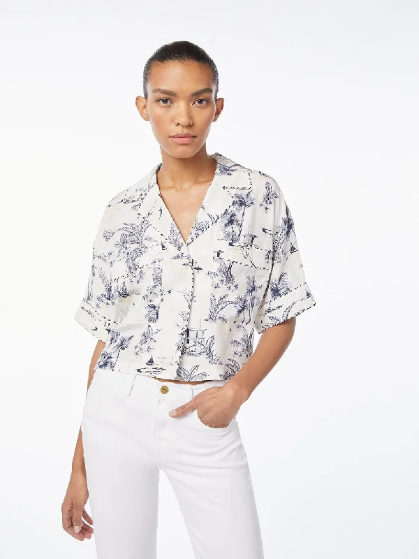 Silk Mixed Toile Hawaiian Shirt -- Navy Multi Relaxed Cotton Short Shirt