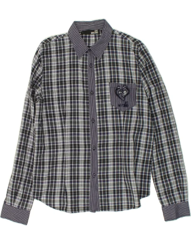 MOSCHINO Womens Shirt UK 16 Large Navy Blue Check Cotton Trendy Sleeveless Short Shirt MOSCHINO Womens Shirt UK 16 Large Navy Blue Check Cotton Trendy Sleeveless Short Shirt