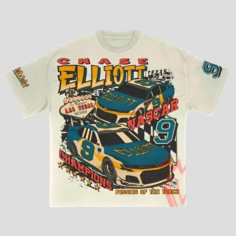 Nascar T Shirt - Chase Eliot Las Vegas - Oversized Stylish Striped Short Sleeve