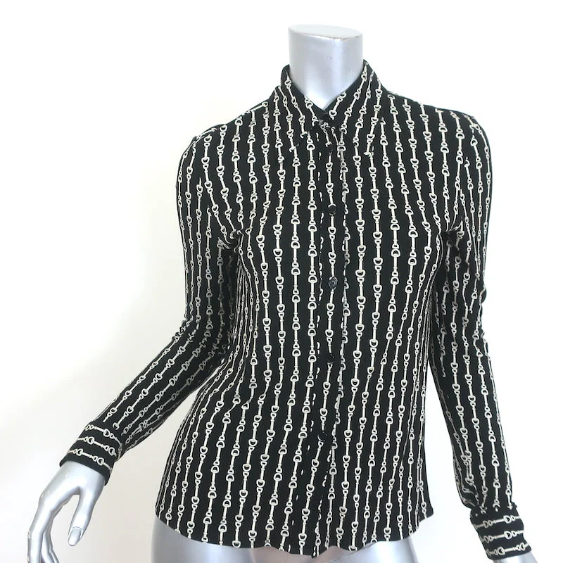 Nili Lotan Celestine Shirt Black Horse Strap Print Jersey Size Extra Small Trendy Short Sleeve Blouse