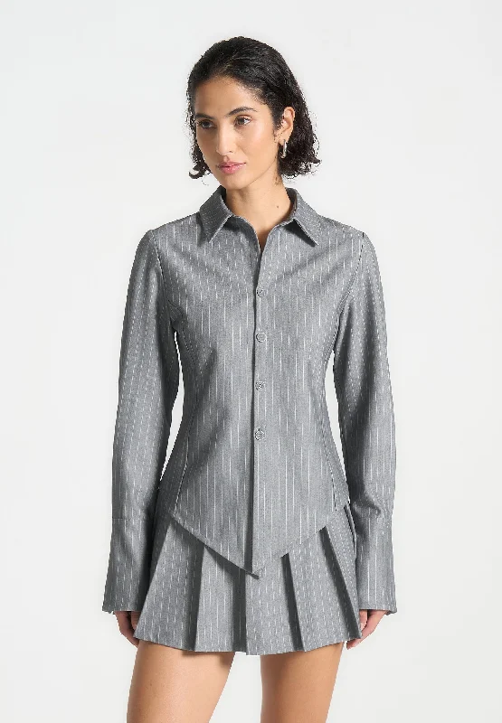 Pinstripe Angled Shirt - Grey Elegant Lace-Trimmed Short Shirt