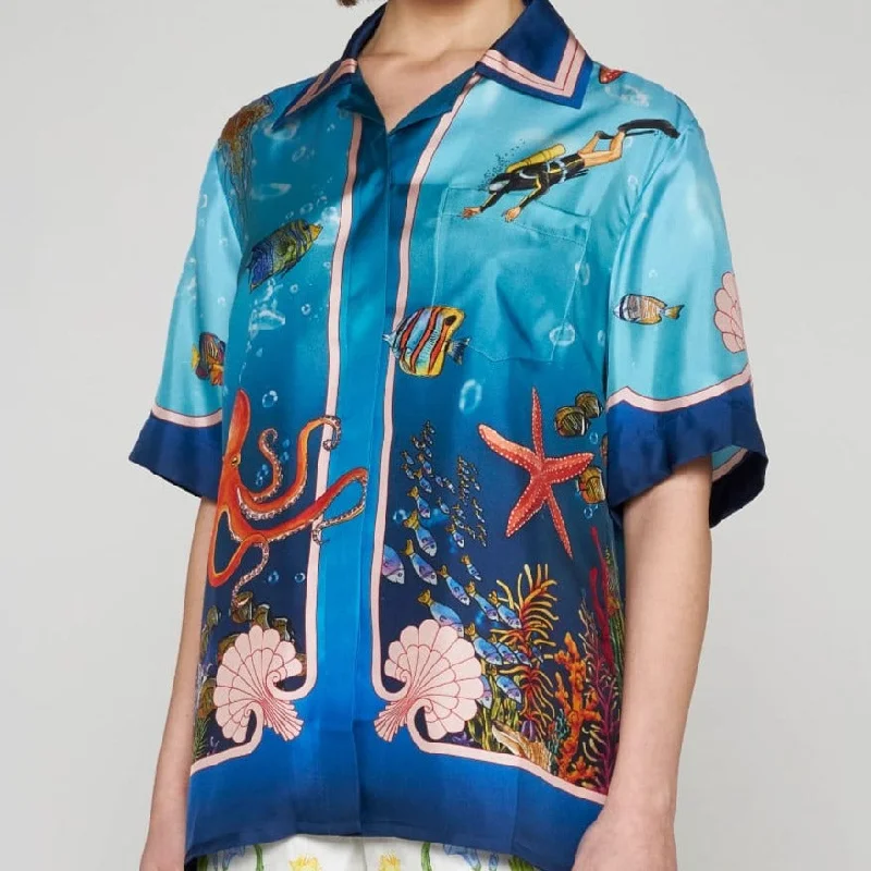 Premium Fond Marin print silk shirt Chic V-Neck Short Blouse