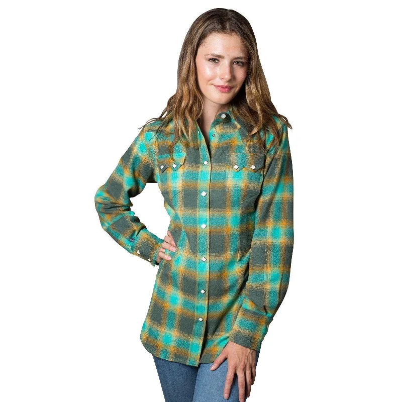 Rockmount Ranch Wear Womens Green & Turquoise Plaid Flannel Western Shirt Trendy Button-Front Short Sleeve