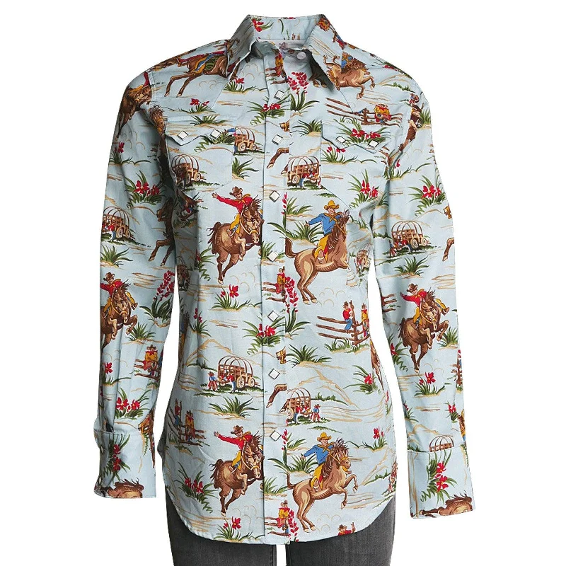 Rockmount Ranch Wear Womens Retro Cowboy Print Western Shirt Elegant Lace-Trimmed Short Shirt