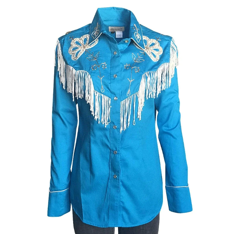 Rockmount Ranch Wear Womens Turquoise Fringe Embroidered Western Shirt Casual Boxy Short Shirt