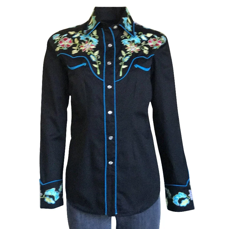 Rockmount Ranch Wear Womens Vintage Floral Embroidered Western Shirt Elegant Off-Shoulder Short Shirt