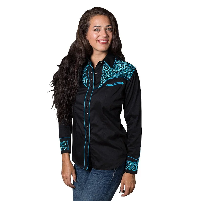 Rockmount Ranch Wear Womens Vintage Tooling Embroidery Western Shirt in Black & Turquoise Comfortable Ribbed Short Sleeve