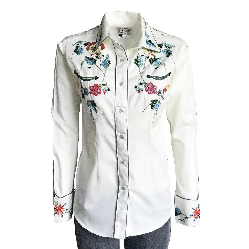 Rockmount Ranch Wear Womens White Floral Embroidery Western Shirt Comfortable Knit Short Shirt