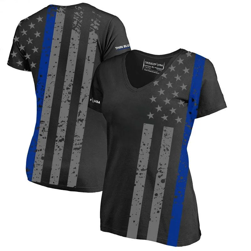 Slim Athletic Women's V-Neck Shirt - Distressed Thin Blue Line Flag Fashionable Draped Short Sleeve