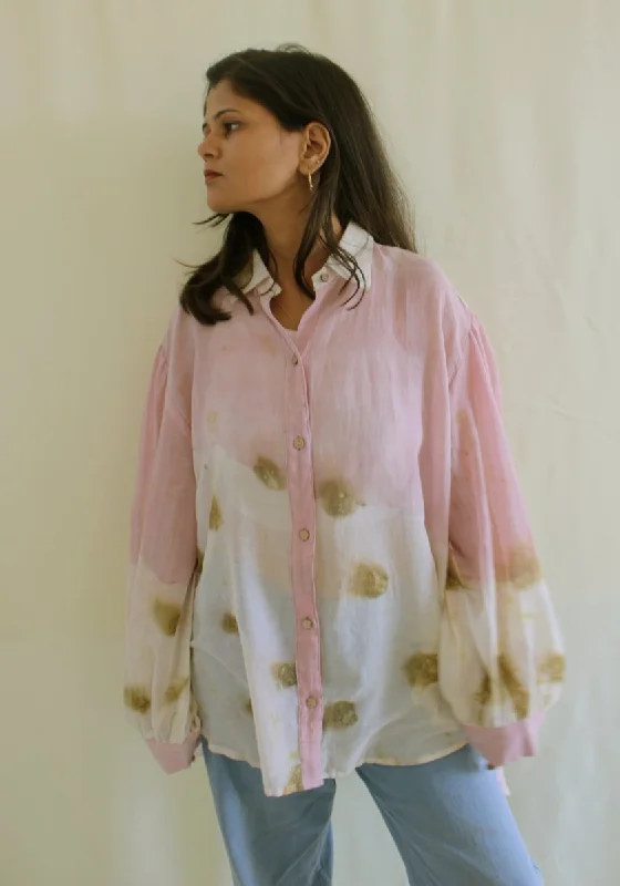 Sora Handwoven Mul Shirt Temple Roses And Lac Pink Elegant Lace-Trimmed Short Shirt