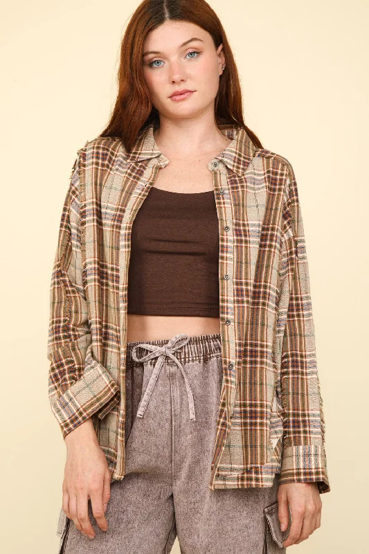 Contrast Plaid Raw Detail Taupe Shirt - Comfy & Casual Trendy Print Short Sleeve