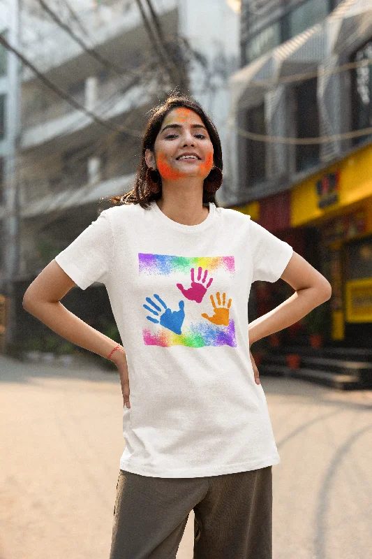 Women Round Neck T Shirt Holi Colourful Hands Stylish Pleated Short Sleeve