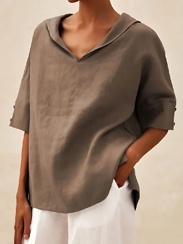 MOLLY V-NECK CASUAL LINEN SHIRT Modern Fit Short Sleeve