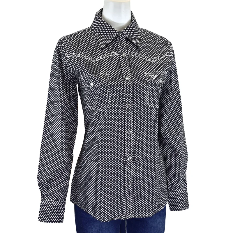 Women's Cowgirl Hardware Black Donut Long Sleeve Western Shirt Stylish Split-Hem Short Shirt