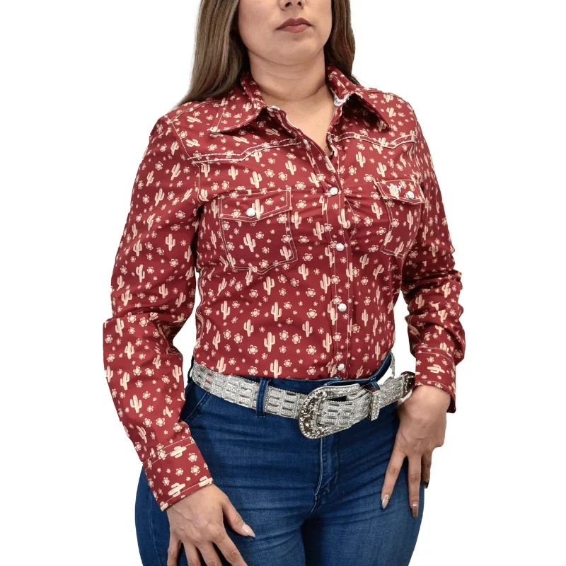 Women's Cowgirl Hardware Burgundy Daisy Cactus Long Sleeve Western Shirt Trendy Summer Short Sleeve