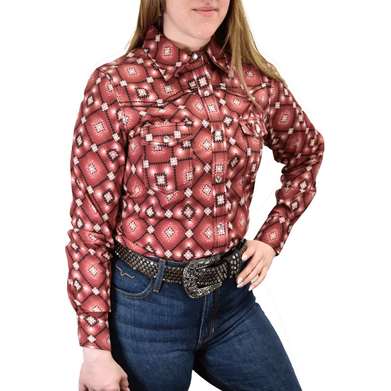 Women's Cowgirl Hardware Burgundy Diamond Aztec Long Sleeve Western Shirt Stylish Printed Short Shirt