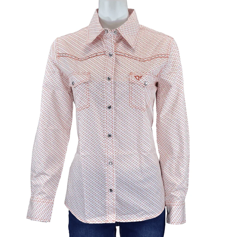 Women's Cowgirl Hardware Coral and White Donut Long Sleeve Western Shirt Cozy Cotton Short Tee