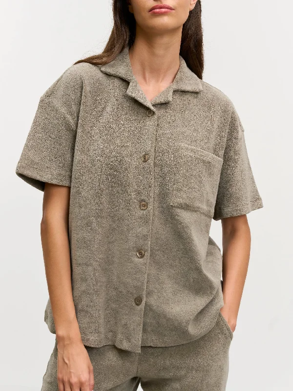 Womens Towelling Revere Collar Shirt in Taupe Relaxed Fit Short Shirt