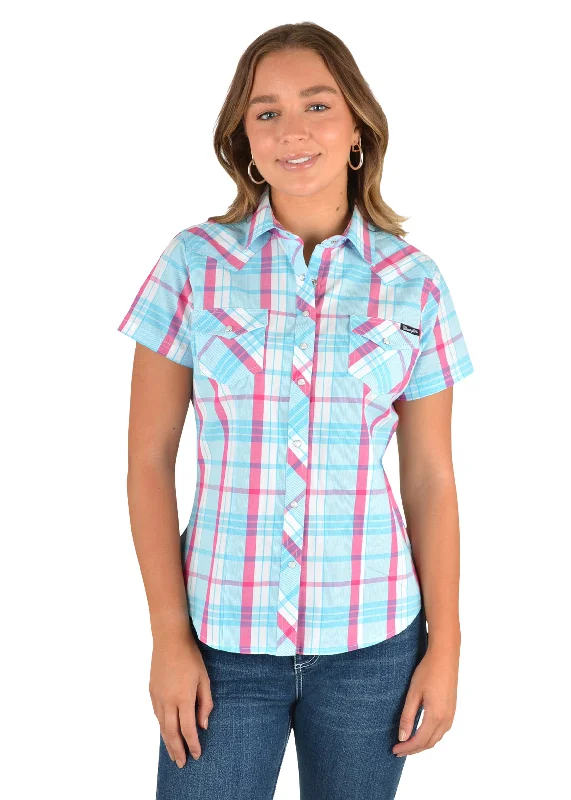 Wrangler Ladies Adabelle Check Western  Short Sleeve Shirt - X2S2132873 Stylish Split-Hem Short Shirt