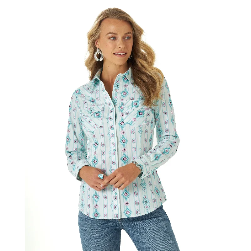 Wrangler USA Ladies Retro Vintage Western Shirt - Teal - 112315062 Stylish Crew Neck Shirt