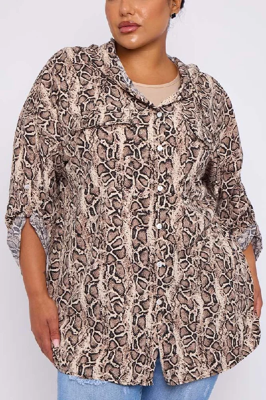 Zebra Print Pockets Drawstring Hoodie Shirt Comfortable Stretch Short Shirt